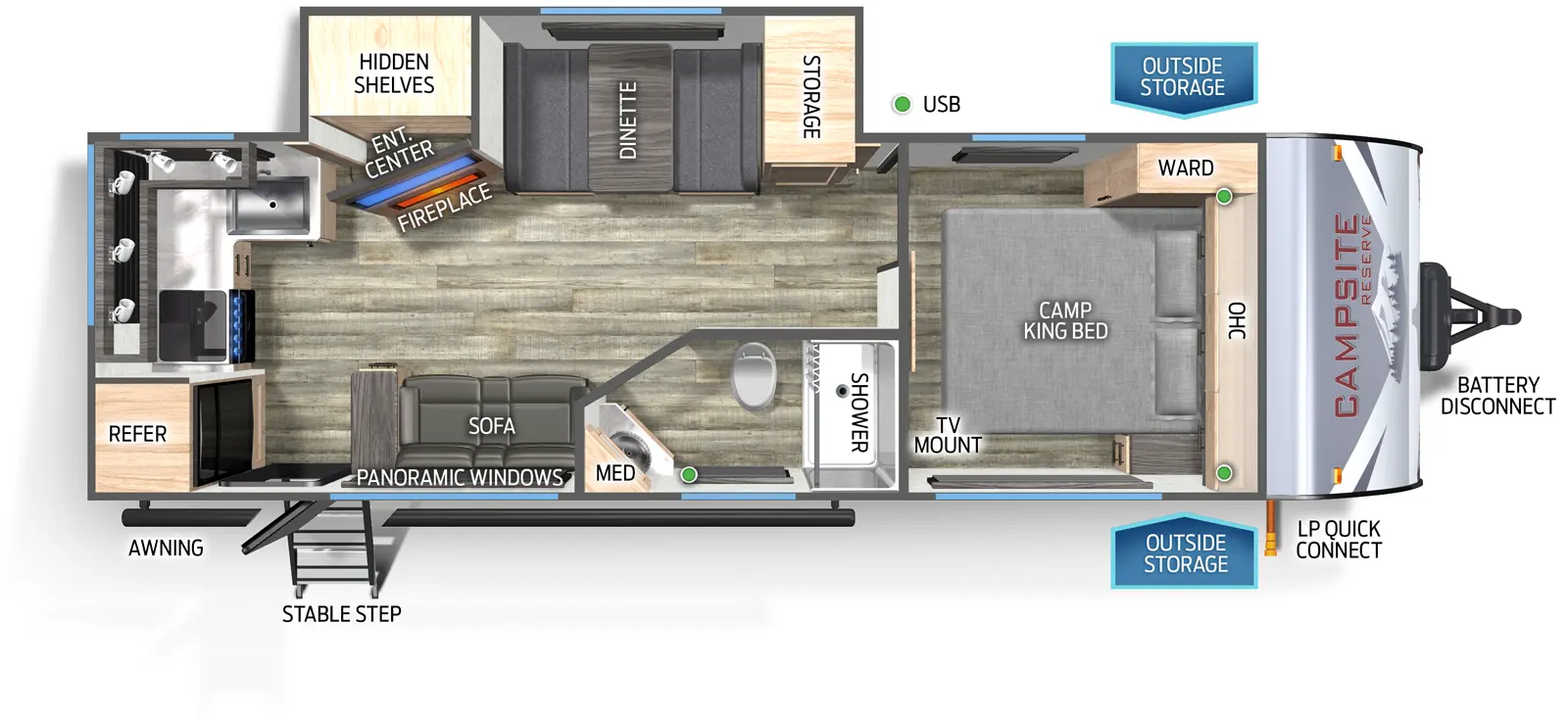 The Campsite Reserve 23BM floorplan has one entry and one slide out. Exterior features include: metal exterior. Interiors features include: rear kitchen and front bedroom.